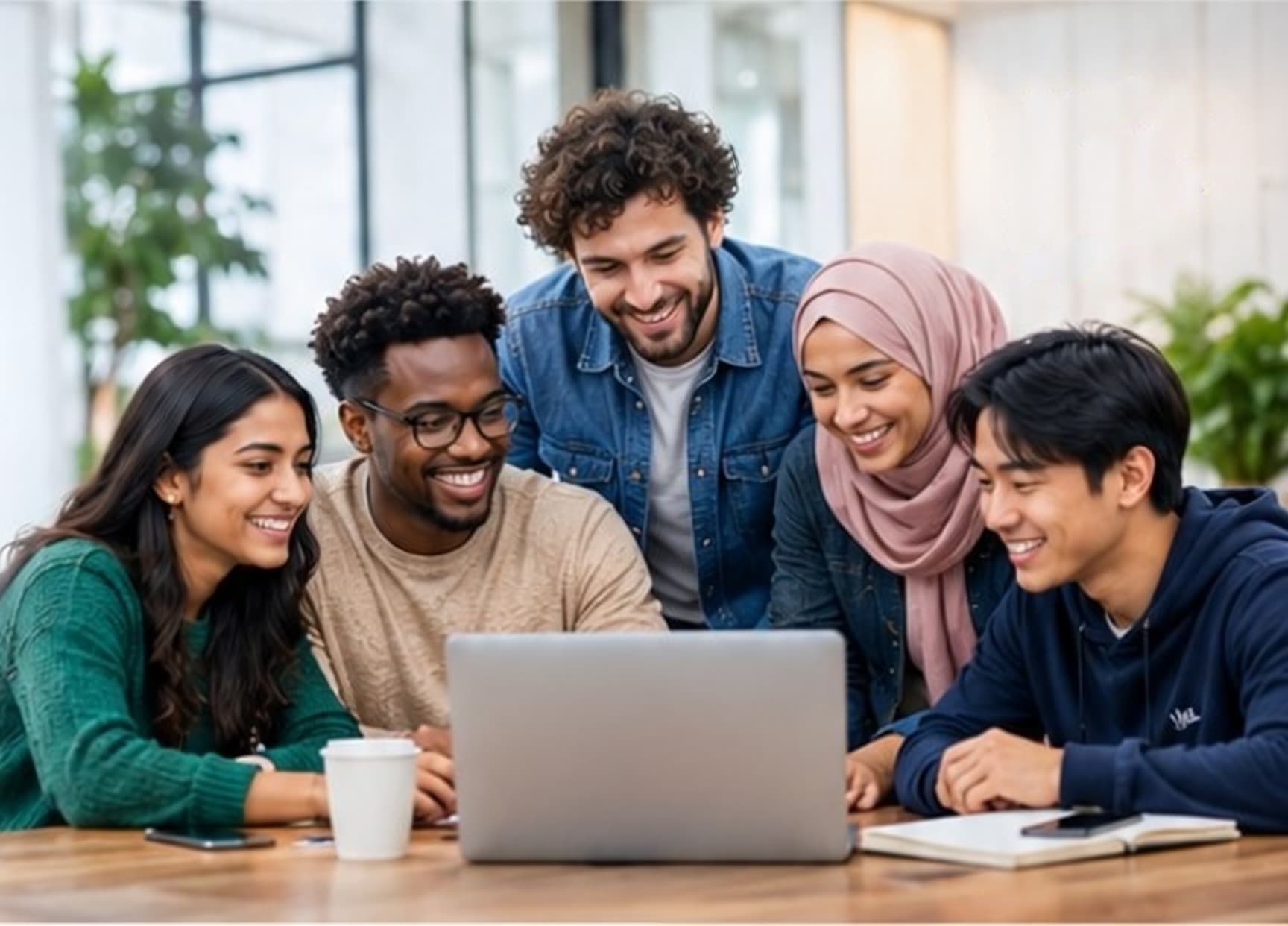 Professionals collaborating around a laptop